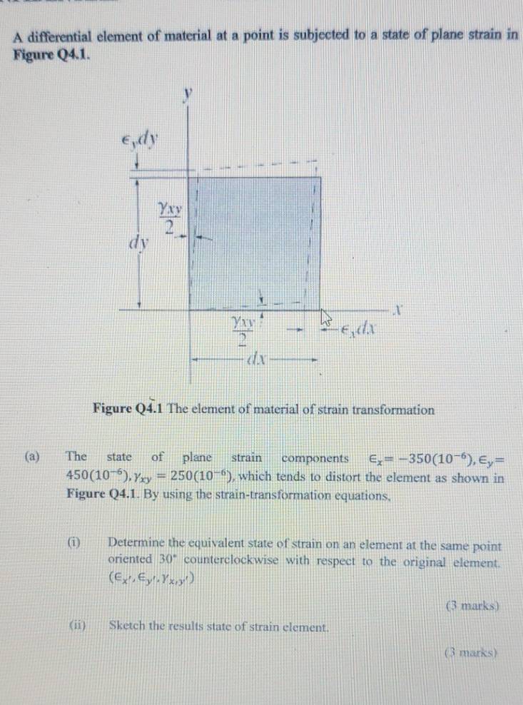 A differential element of material at a point is subjected to a state of plane strain in
Figure Q4.1.
Figure Q4.1 The element of material of strain transformation
(a) The state of plane strain components ∈ _x=-350(10^(-6)),∈ _y=
450(10^(-6)),y_xy=250(10^(-6)) , which tends to distort the element as shown in
Figure Q4.1. By using the strain-transformation equations,
(i) Determine the equivalent state of strain on an element at the same point
oriented 30° counterclockwise with respect to the original element.
(∈ _x',∈ _y',y_x'y')
(3 marks)
(ii) Sketch the results state of strain element.
(3 marks)