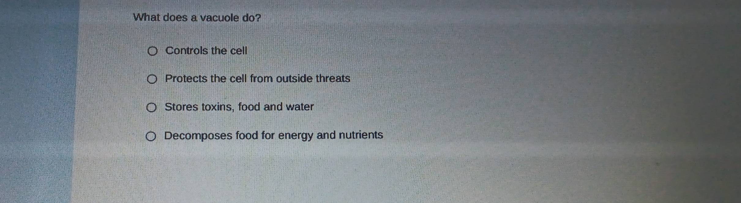 What does a vacuole do?
Controls the cell
Protects the cell from outside threats
Stores toxins, food and water
Decomposes food for energy and nutrients