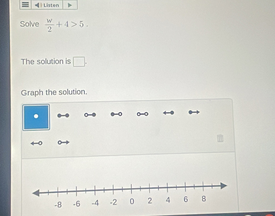 Listen 
Solve  w/2 +4>5. 
The solution is □ . 
Graph the solution. 
. 
。