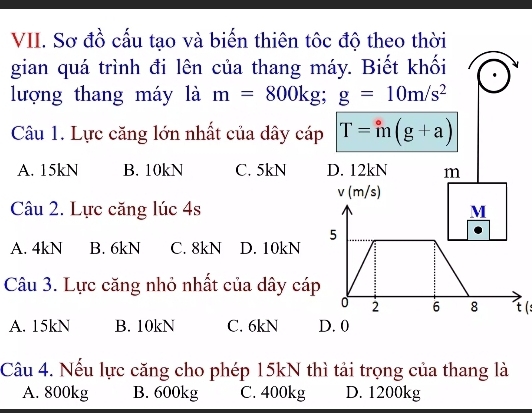 Sơ đồ cấu tạo và biến thiên tôc độ theo thời
gian quá trình đi lên của thang máy. Biết khối
lượng thang máy là m=800kg; g=10m/s^2
Câu 1. Lực căng lớn nhất của dây cáp T=m(g+a)
A. 15kN B. 10kN C. 5kN D. 12kN m
v(m/s)
Câu 2. Lực căng lúc 4s M
5
A. 4kN B. 6kN C. 8kN D. 10kN
Câu 3. Lực căng nhỏ nhất của dây cáp
2 6 8 t (s
A. 15kN B. 10kN C. 6kN D. 0
Câu 4. Nếu lực căng cho phép 15kN thì tải trọng của thang là
A. 800kg B. 600kg C. 400kg D. 1200kg