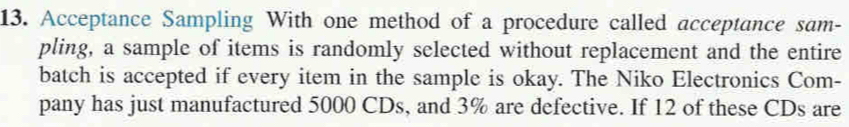 Acceptance Sampling With one method of a procedure called acceptance sam- 
pling, a sample of items is randomly selected without replacement and the entire 
batch is accepted if every item in the sample is okay. The Niko Electronics Com- 
pany has just manufactured 5000 CDs, and 3% are defective. If 12 of these CDs are