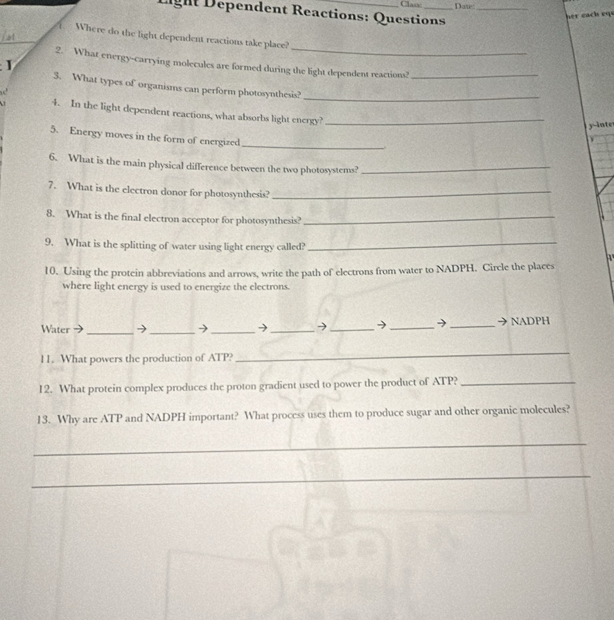 Class: Date: 
Light Dependent Reactions: Questions_ 
her each equ 
_ 
_. Where do the light dependent reactions take place? 
I 
2. What energy-carrying molecules are formed during the light dependent reactions?_ 
3. What types of organisms can perform photosynthesis?_ 
4. In the light dependent reactions, what absorbs light energy?_ 
y-inte 
5. Energy moves in the form of energized_ 
6. What is the main physical difference between the two photosystems?_ 
7. What is the electron donor for photosynthesis?_ 
8. What is the final electron acceptor for photosynthesis?_ 
9. What is the splitting of water using light energy called?_ 
10. Using the protein abbreviations and arrows, write the path of electrons from water to NADPH. Circle the places 
where light energy is used to energize the electrons. 
Water _→ _→ _→ _→ _→ _→ _→ NADPH 
11. What powers the production of ATP? 
_ 
12. What protein complex produces the proton gradient used to power the product of ATP?_ 
13. Why are ATP and NADPH important? What process uses them to produce sugar and other organic molecules? 
_ 
_