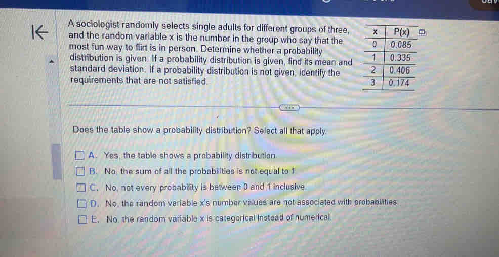 A sociologist randomly selects single adults for different groups of three, 
and the random variable x is the number in the group who say that the 
most fun way to flirt is in person. Determine whether a probability 
distribution is given. If a probability distribution is given, find its mean and
standard deviation. If a probability distribution is not given, identify the 
requirements that are not satisfied. 
Does the table show a probability distribution? Select all that apply
A. Yes, the table shows a probability distribution
B. No, the sum of all the probabilities is not equal to 1
C. No, not every probability is between 0 and 1 inclusive.
D. No, the random variable x's number values are not associated with probabilities
E. No, the random variable x is categorical instead of numerical