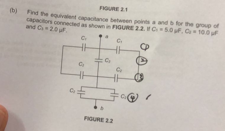 FIGURE 2.1
(b) Find the equivalent capacitance between points a and b for the group of
capacitors connected as shown in FIGURE 2.2. If C_1=5.0mu F,C_2=10.0 μF
and C_3=2.0mu F.