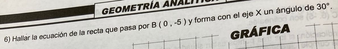GEOMETRÍA ANALITIA 
6) Hallar la ecuación de la recta que pasa por B(0,-5) y forma con el eje X un ángulo de 30°. 
GRÁFICA