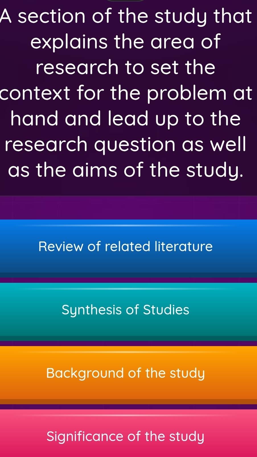 A section of the study that
explains the area of
research to set the
context for the problem at
hand and lead up to the 
research question as well
as the aims of the study.
Review of related literature
Synthesis of Studies
Background of the study
Significance of the study