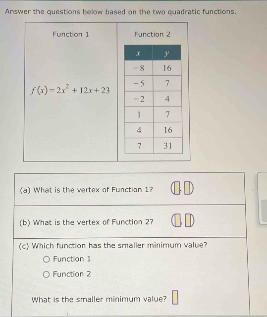 Solved: Answer the questions below based on the two quadratic functions ...