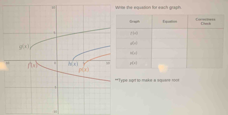 te the equation for each graph.
-
pe sqrt to make a square root
-10