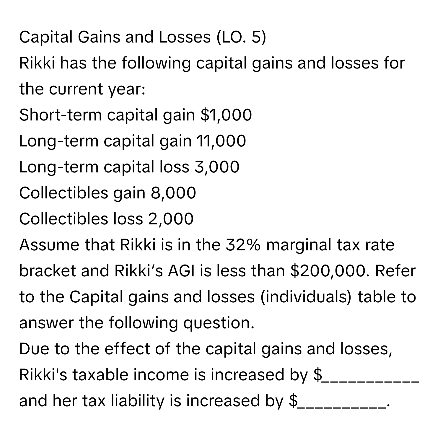 Capital Gains and Losses (LO. 5)

Rikki has the following capital gains and losses for the current year:
Short-term capital gain $1,000
Long-term capital gain 11,000
Long-term capital loss 3,000
Collectibles gain 8,000
Collectibles loss 2,000

Assume that Rikki is in the 32% marginal tax rate bracket and Rikki’s AGI is less than $200,000. Refer to the Capital gains and losses (individuals) table to answer the following question.

Due to the effect of the capital gains and losses, Rikki's taxable income is increased by $___________ and her tax liability is increased by $__________.