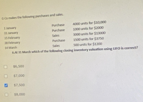 Co-makes the following purchases and sales.
Purchase 4000 units for $10,000
1 january Purchase 1000 units for $2000
31 January 15 Febroary
Sales 3000 units for $13000
34 March 28 February Purchase 500 units for $1200 1500 units for $3750
Sales
6.At 35 March which of the following closing inventory valuation using UIFO is correct?
$6,500
$7,000
$7,500
$8,000