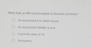 What does an MX record require to function correctly?
An associated A or AAAA record
An associated CNAME record
A priority value of 10
Encryption