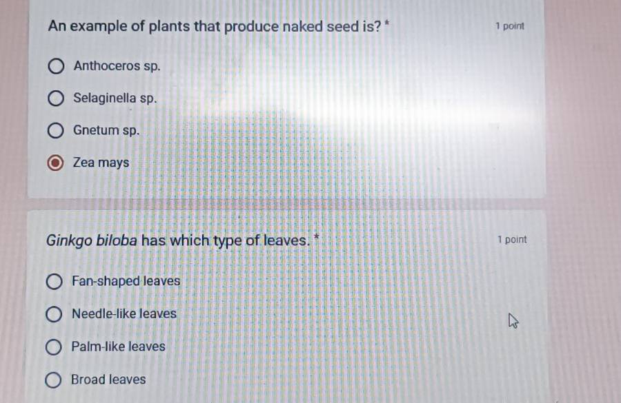 An example of plants that produce naked seed is? * 1 point
Anthoceros sp.
Selaginella sp.
Gnetum sp.
Zea mays
Ginkgo biloba has which type of leaves. * 1 point
Fan-shaped leaves
Needle-like leaves
Palm-like leaves
Broad leaves