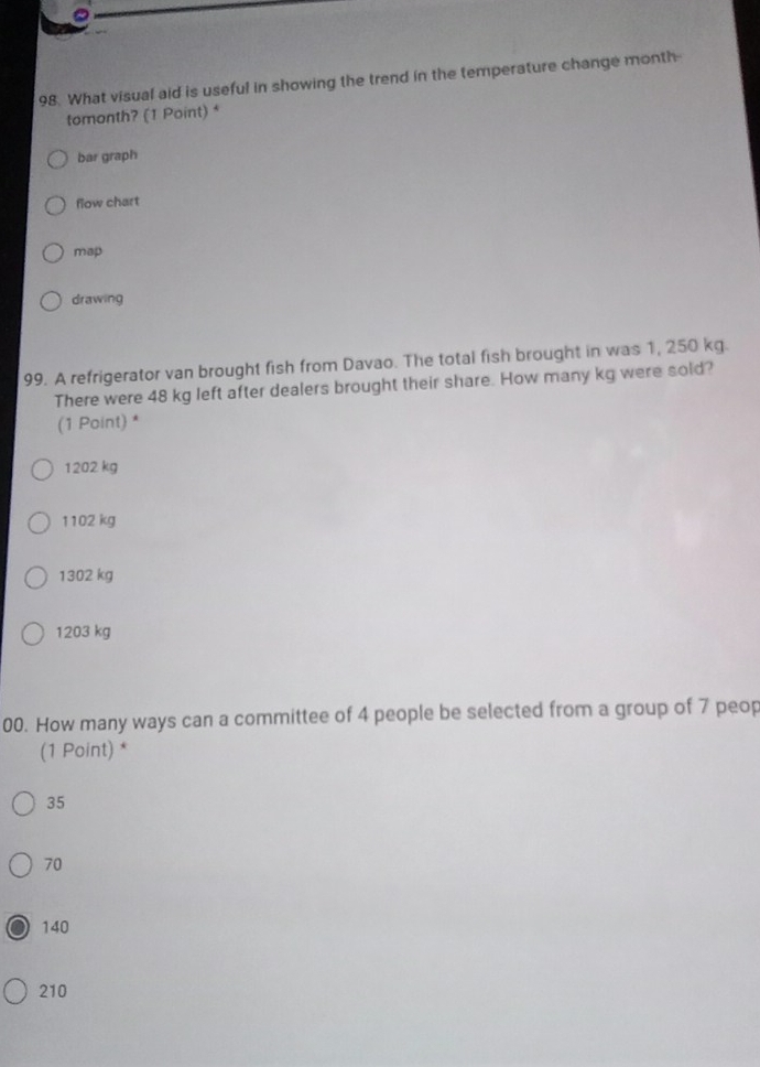 What visual aid is useful in showing the trend in the temperature change month -
tomonth? (1 Point) *
bar graph
flow chart
map
drawing
99. A refrigerator van brought fish from Davao. The total fish brought in was 1, 250 kg.
There were 48 kg left after dealers brought their share. How many kg were sold?
(1 Point) *
1202 kg
1102 kg
1302 kg
1203 kg
00. How many ways can a committee of 4 people be selected from a group of 7 peop
(1 Point) *
35
70
140
210