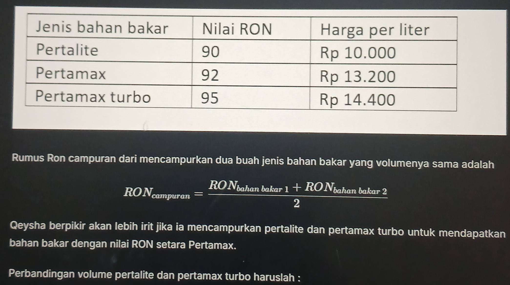 Rumus Ron campuran dari mencampurkan dua buah jenis bahan bakar yang volumenya sama adalah
RON_campuran=frac RON_bahanbakar1+RON_bahanbakar22
Qeysha berpikir akan lebih irit jika ia mencampurkan pertalite dan pertamax turbo untuk mendapatkan 
bahan bakar dengan nilai RON setara Pertamax. 
Perbandingan volume pertalite dan pertamax turbo haruslah :