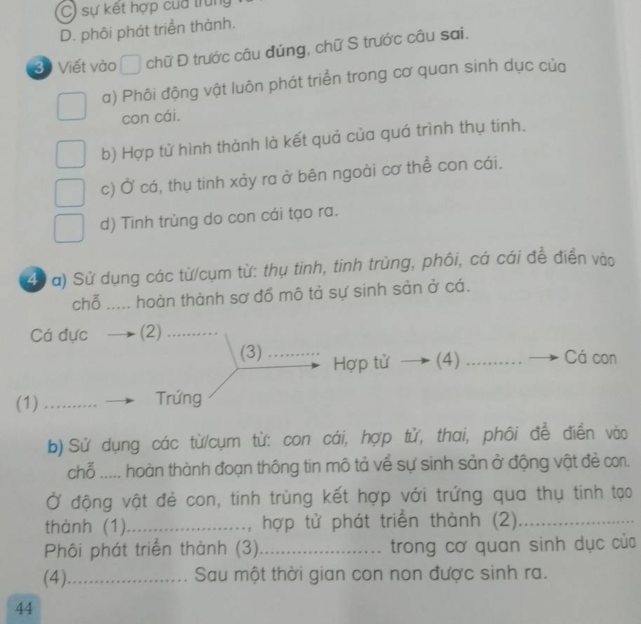 C) sự kết hợp của trung
D. phôi phát triển thành.
30 Viết vào chữ Đ trước câu đúng, chữ S trước câu sai.
a) Phôi động vật luôn phát triển trong cơ quan sinh dục của
con cái.
b) Hợp tử hình thành là kết quả của quá trình thụ tinh.
c) Ở cá, thụ tinh xảy ra ở bên ngoài cơ thể con cái.
d) Tinh trùng do con cái tạo ra.
(49 a) Sử dụng các từ/cụm từ: thụ tinh, tinh trùng, phôi, cá cái để điển vào
chỗ ._ ..... hoàn thành sơ đồ mô tả sự sinh sản ở cá.
Cá đực (2)_
(3) _Cá con
Hợp tử (4)
(1) _Trứng
b) Sử dụng các từ/cụm từ: con cái, hợp tử, thai, phôi đề điền vào
chỗ ..... hoàn thành đoạn thông tin mô tả về sự sinh sản ở động vật đẻ co.
Ở động vật đẻ con, tinh trùng kết hợp với trứng qua thụ tinh tạo
thành (1)_ , hợp tử phát triển thành (2)_
Phôi phát triển thành (3)_ trong cơ quan sinh dục của
(4)_ Sau một thời gian con non được sinh ra.
44