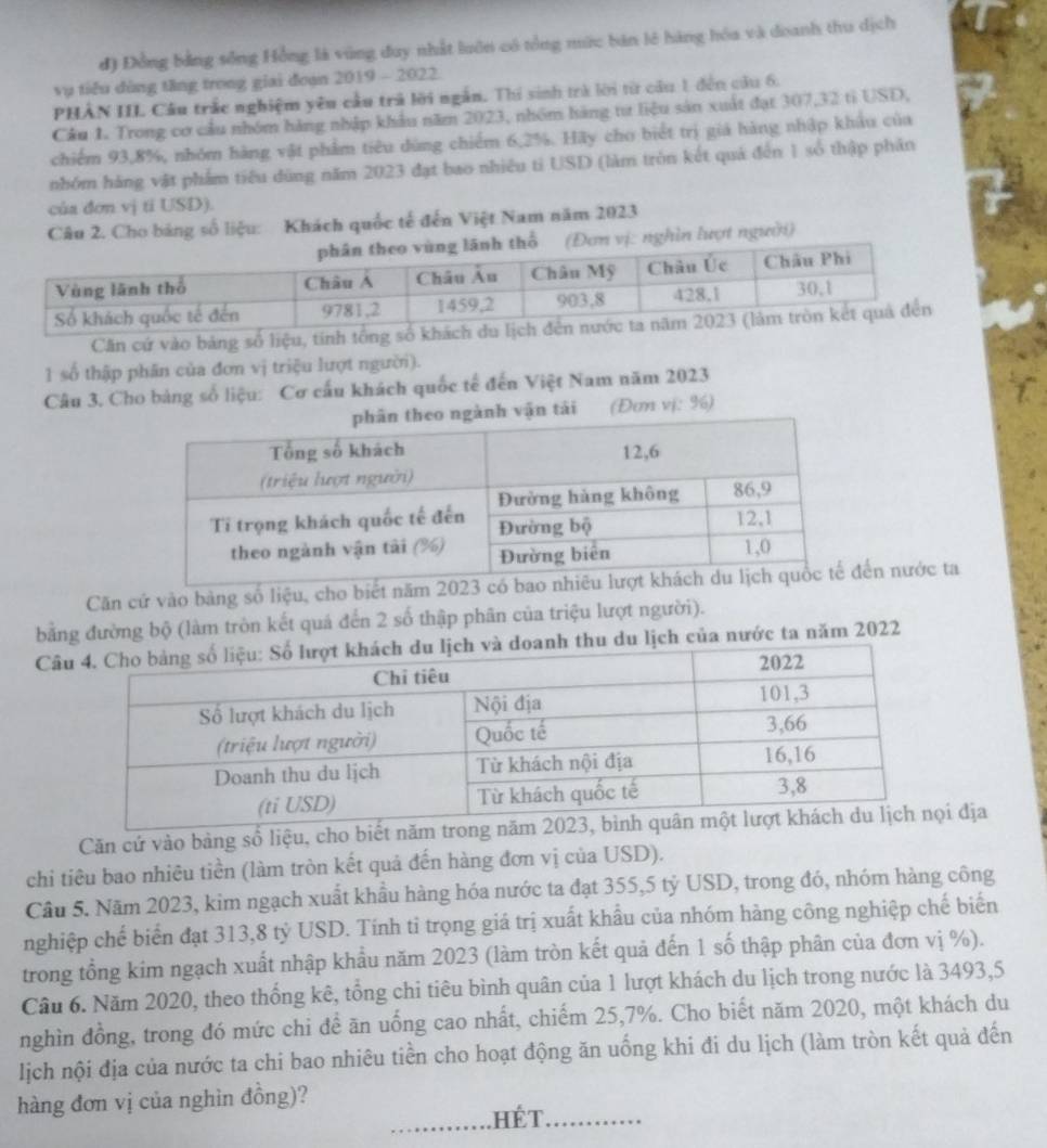 đ) Đồng bảng sống Hồng là vùng đuy nhất luôn có tổng mức bản lê hàng hóa và doanh thu dịch
vụ tiểu dùng tăng trong giai đoạn 2019 - 2022.
PHẢN III Cầu trắc nghiệm yêu cầu trả lời ngắn. Thi sinh trà lời từ câu 1 đến câu 6.
Cầu 1. Trong cơ cầu nhóm hàng nhập khẩu năm 2023, nhóm hàng tư liệu sản xuất đạt 307,32 tỉ USD,
chiếm 93,8%, nhóm hàng vật phẩm tiêu dùng chiếm 6,2%. Hãy cho biết trị giả hàng nhập khẩu của
nhóm háng vật phẩm tiêu dùng năm 2023 đạt bao nhiêu tỉ USD (làm tròn kết quả đến 1 số thập phân
của đơn vị ti USD).
Câu 2. Cho bảng số liệu: Khách quốc tế đến Việt Nam năm 2023
vị: nghìn lượt người)
Clin cứ vào bảng số liệu, tính tổng số khách
1 số thập phân của đơn vị triệu lượt người).
Câu 3. Cho bảng số liệu: Cơ cấu khách quốc tế đến Việt Nam năm 2023
vận tái (Đơn vị: %)
Căn cứ vào bảng số liệu, cho biết năm 2023 có bao nhiêu ln nước ta
bằng đường bộ (làm tròn kết quá đến 2 số thập phân của triệu lượt người).
Câ du lịch của nước ta năm 2022
Căn cứ vào bảng số liệu, cho biết năm troi địa
chi tiêu bao nhiêu tiền (làm tròn kết quả đến hàng đơn vị của USD).
Câu 5. Năm 2023, kim ngạch xuất khẩu hàng hóa nước ta đạt 355,5 tỷ USD, trong đó, nhóm hàng công
nghiệp chế biển đạt 313,8 tỷ USD. Tính tỉ trọng giá trị xuất khẩu của nhóm hàng công nghiệp chế biến
trong tổng kim ngạch xuất nhập khẩu năm 2023 (làm tròn kết quả đến 1 số thập phân của đơn vị %).
Câu 6. Năm 2020, theo thống kê, tổng chi tiêu bình quân của 1 lượt khách du lịch trong nước là 3493,5
nghìn đồng, trong đó mức chi đề ăn uống cao nhất, chiếm 25,7%. Cho biết năm 2020, một khách du
lịch nội địa của nước ta chi bao nhiêu tiền cho hoạt động ăn uống khi đi du lịch (làm tròn kết quả đến
hàng đơn vị của nghìn đồng)?
_Hế t_
