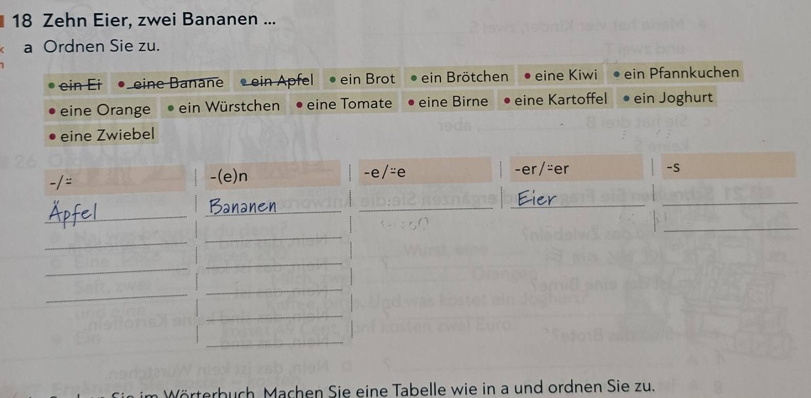 Zehn Eier, zwei Bananen ... 
a Ordnen Sie zu. 
ein Ei eine Banane ein Apfel ● ein Brot ein Brötchen eine Kiwi ein Pfannkuchen 
eine Orange ein Würstchen eine Tomate eine Birne eine Kartoffel ein Joghurt 
eine Zwiebel 
|= 
-/= 
)n 
-e/:e -S 
_ 
_ 
__ 
_ 
_ 
_ 
_ 
_ 
_ 
_ 
_ 
_ 
_ 
m Wörterbuch. Machen Sie eine Tabelle wie in a und ordnen Sie zu.