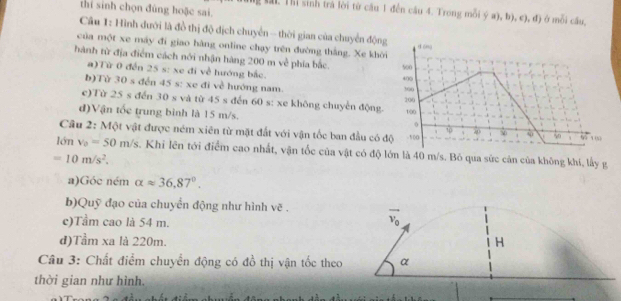 thi sinh chọn đùng hoặc sai.
M. Thi sinh trá lời từ cầu 1 đến cầu 4. Trong mỗi ý a), b), c), đ) ở mỗi cầu,
Câu 1: Hình dưới là đồ thị độ địch chuyển - thời gian của chuyển động
của một xe máy đi giao hàng online chạy trên đường thắng. Xe khời
hành từ địa điểm cách nới nhận hàng 200 m về phía bắc.
)Từ 0 đến 25 s : xe đi về hướng bắc.
b)Từ 30 s đến 45 s: xe đi về hướng nam. 
c)Từ 25 s đến 30 s và từ 45 s đến 60 s: xe không chuyển động
đ)Vận tốc trung bình là 15 m/s. 
Câu 2: Một vật được ném xiên từ mặt đất với vận tốc ban đầu có 
lớn v_0=50m/s. Khi lên tới điểm cao nhất, vận tốc của vật có độ lớn là 40 m/s. Bó qua sức cản của không khí, lấy g
=10m/s^2. 
a)Góc ném alpha approx 36,87°.
b)Quỹ đạo của chuyển động như hình vẽ . vector v_0
c)Tầm cao là 54 m.
d)Tầm xa là 220m. H
Câu 3: Chất điểm chuyển động có đồ thị vận tốc theo α
thời gian như hình.