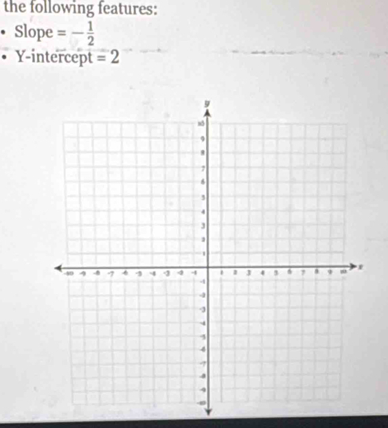 the following features: 
• Slope =- 1/2 
Y-intercept =2