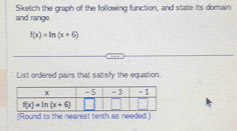 Sketch the graph of the following function, and state its domain
and range.
f(x)=ln (x+6)
List ordered pairs that satisfy the equation.
(Round to the nearest tenth as needed.)