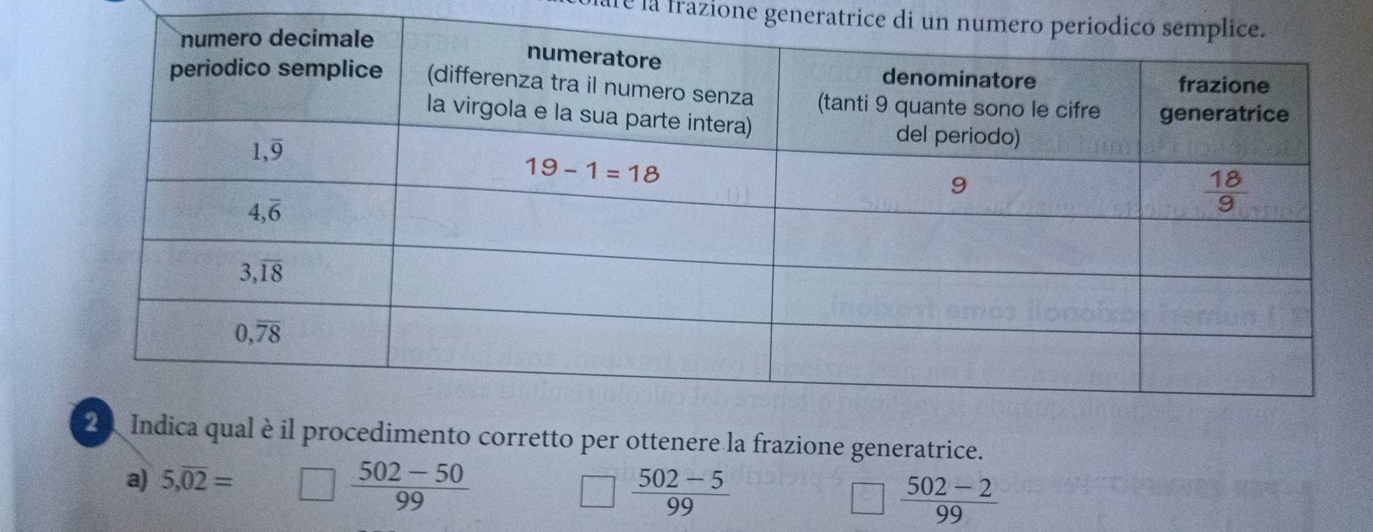 àé la frazione generatrice di un n
nto corretto per ottenere la frazione generatrice.
a) 5,overline 02=
 (502-50)/99 
 (502-5)/99 
 (502-2)/99 