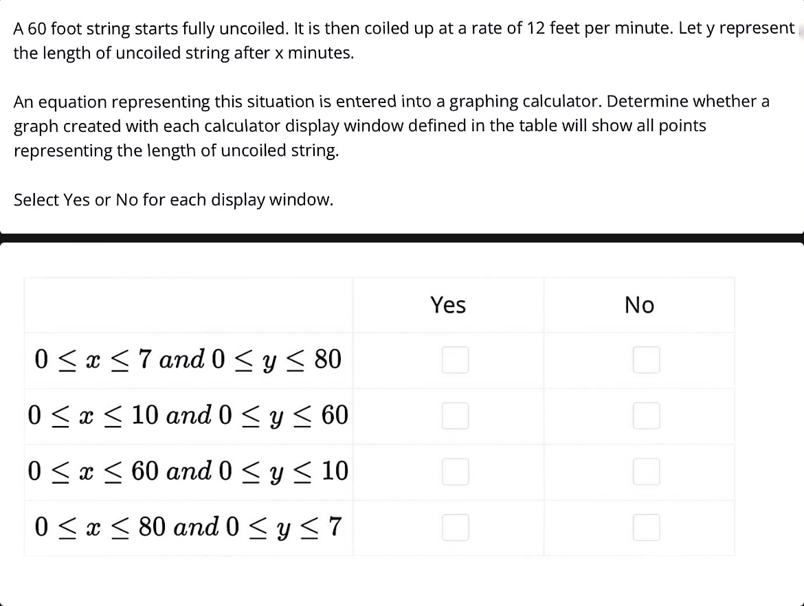 A 60 foot string starts fully uncoiled. It is then coiled up at a rate of 12 feet per minute. Let y represent
the length of uncoiled string after x minutes.
An equation representing this situation is entered into a graphing calculator. Determine whether a
graph created with each calculator display window defined in the table will show all points 
representing the length of uncoiled string.
Select Yes or No for each display window.