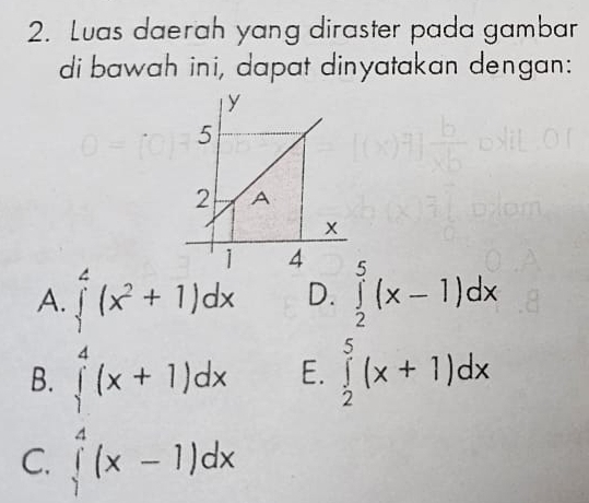 Luas daerah yang diraster pada gambar
di bawah ini, dapat dinyatakan dengan:
A. ∈tlimits^4(x^2+1)dx D. ∈tlimits _2^5(x-1)dx
B.
C. ∈tlimits _1^4(x+1)dx
E. ∈tlimits _2^5(x+1)dx