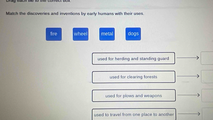 brag each the to the cofrect box.
Match the discoveries and inventions by early humans with their uses.
fire wheel metal dogs
used for herding and standing guard
used for clearing forests
used for plows and weapons
used to travel from one place to another