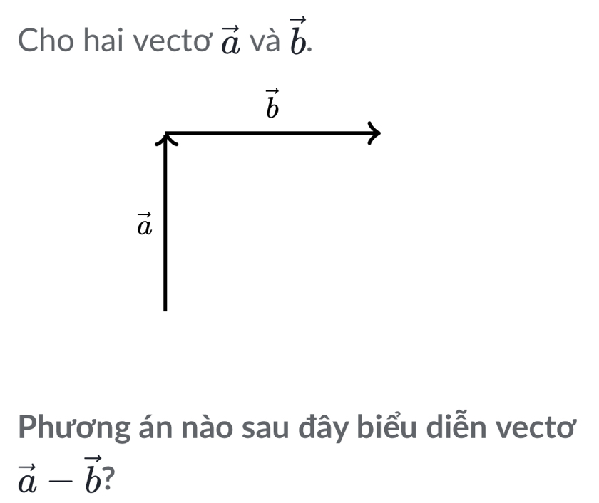 Cho hai vectơ vector a và vector b.
vector b
vector a
Phương án nào sau đây biểu diễn vectơ
vector a-vector b