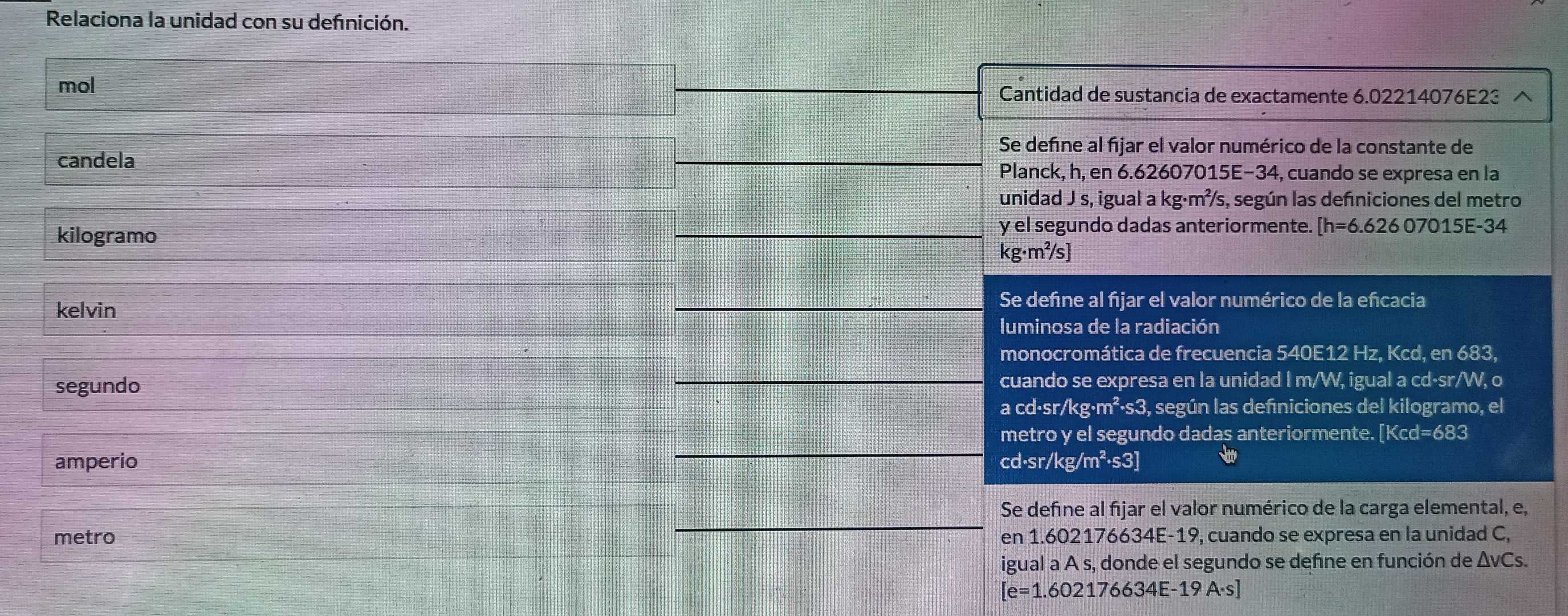 Relaciona la unidad con su defnición. 
mol Cantidad de sustancia de exactamente 6.02214076E23
Se define al fijar el valor numérico de la constante de 
candela 
Planck, h, en 6.62607015E-34, cuando se expresa en la 
unidad J s, igual a kg·m²/s, según las defniciones del metro 
kilogramo 
y el segundo dadas anteriormente. [h=6.62607015E-34
kg·m²/s ] 
kelvin Se define al fijar el valor numérico de la efícacia 
luminosa de la radiación 
monocromática de frecuencia 540E12 Hz, Kcd, en 683, 
segundo cuando se expresa en la unidad I m/W, igual a cd-sr/W, o 
a cd·sr/kg·m²·s3, según las defniciones del kilogramo, el 
metro y el segundo dadas anteriormente. [Kcd=683
amperio cd·sr/ /kg/m^2 s3 ] 
Se define al fījar el valor numérico de la carga elemental, e, 
metro en 1.602176634E-19, cuando se expresa en la unidad C, 
igual a A s, donde el segundo se define en función de ΔvCs.
[e=1.602176634E-19A· s]