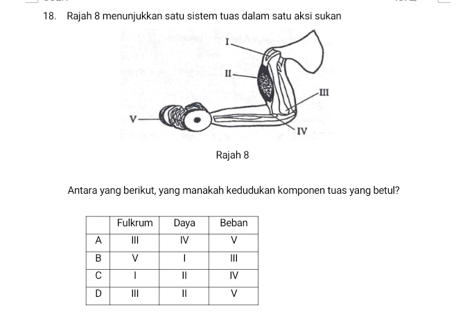 Rajah 8 menunjukkan satu sistem tuas dalam satu aksi sukan 
Antara yang berikut, yang manakah kedudukan komponen tuas yang betul?