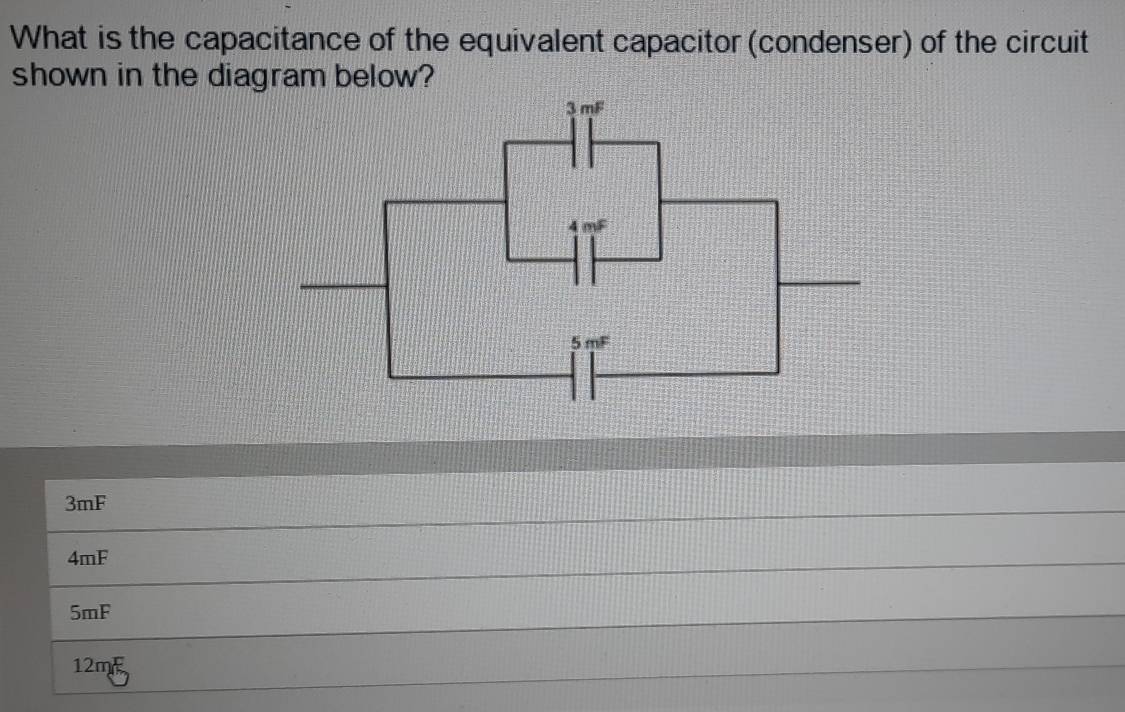 Solved: What is the capacitance of the equivalent capacitor (condenser ...