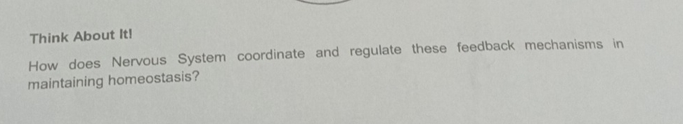 Think About It! 
How does Nervous System coordinate and regulate these feedback mechanisms in 
maintaining homeostasis?