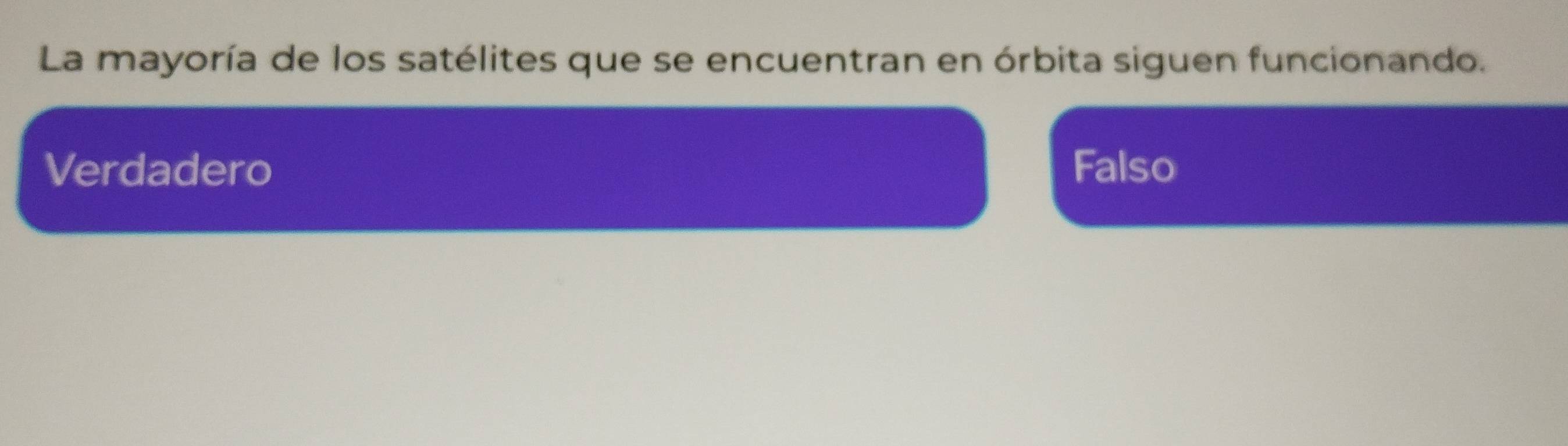 La mayoría de los satélites que se encuentran en órbita siguen funcionando.
Verdadero Falso