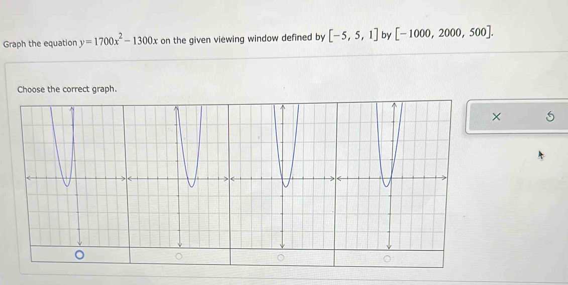 Graph the equation y=1700x^2-1300x on the given viewing window defined by [-5,5,1] by [-1000,2000,500]. 
Choose the correct graph. 
×