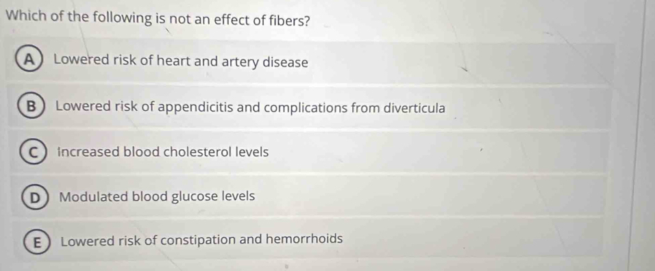 Solved: Which of the following is not an effect of fibers? A Lowered ...
