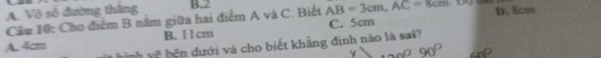 B. 2
A. Vô số đường thăng D. 8cm
Cầu 10: Cho điểm B nằm giữa hai điểm A và C. Biết AB=3cm, AC=8cm
C. 5cm
B. 11cm
Tnh vẽ bện dưới và cho biết khẳng định nào là sai?
A. 4cm
y