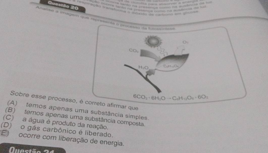 ve de clorobla pare absorver a energia 
* ocorre tanto na presença como na ausência de laz
Questão 20
aç ão ocome tanto na presença como na ausência de luz 
e respiração transforma o dibxido de cambono em gucoso
Analise a imagem que representa o processo da fotessintese
O_1
CO_2
H_2O C_9C_9H_10O_3
6CO_2+6H_2Oto C_6H_12O_6+6O_2
Sobre esse processo, é correto afirmar que
(A) temos apenas uma substância simples.
(B) temos apenas uma substância composta.
(C) a água é produto da reação.
(D) o gás carbônico é liberado.
(E) ocorre com liberação de energia.
Duestão