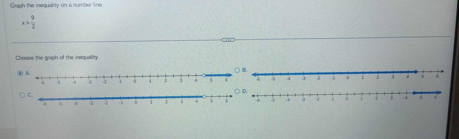 Graph the inequality on a number line.
x> 9/2 
Choose the graph of the inequality.