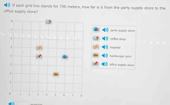 If each grid line stands for 700 meters, how far is it from the party supply store to the
office supply store?
party supply store
D
coffee shop
hospital
hamburger joint
office supply store