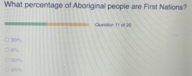 What percentage of Aboriginal people are First Nations?
Question 11 of 20
30%
6%
50%
65%