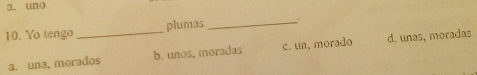 a. uno
10. Yo tengo _plumas _.
a. una, morados b. unos, moradas c. un, morado d. unas, moradas