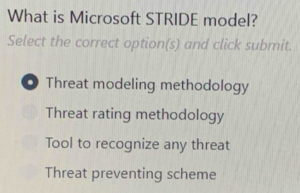 What is Microsoft STRIDE model?
Select the correct option(s) and click submit.
. Threat modeling methodology
Threat rating methodology
Tool to recognize any threat
Threat preventing scheme