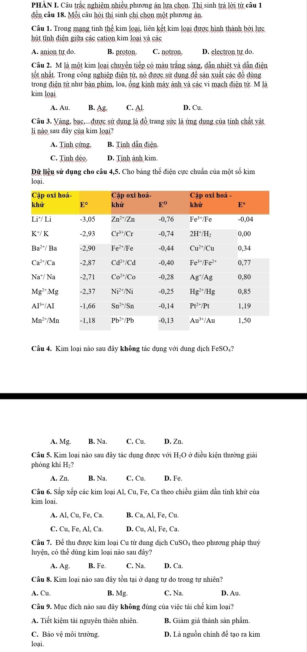 PHÀN I. Câu trắc nghiệm nhiều phương án lựa chọn. Thí sinh trả lời từ câu 1
đến câu 18. Mỗi câu hỏi thí sinh chỉ chọn một phương án.
Câu 1. Trong mạng tinh thể kim loại, liên kết kim loại được hình thành bởi lực
hút tĩnh điện giữa các cation kim loại và các
A. anion tự do. B. proton, C. notron D. electron tu do.
Câu 2. M là một kim loại chuyển tiếp có màu trắng sáng, dẫn nhiệt và dẫn điện
tột nhật. Trong công nghiệp điện tử, nó được sử dụng để sản xuất các đô dùng
trong điện tử như bàn phím, loa, ổng kính máy ảnh và các vi mạch điện tử. M là
kim loại
A. Au. B. Ag. C. Al. D. Cu.
Câu 3. Vàng, bạc,...được sử dụng là đồ trang sức là ứng dụng của tính chất vật
lí nào sau đây của kim loại?
A. Tính cứng. B. Tính dẫn điện.
C. Tính dẻo, D. Tính ánh kim.
Dữ liệu sử dụng cho câu 4,5. Cho bảng thế điện cực chuẩn của một số kim
loại.
Câu 4. Kim loại nào sau đây không tác dụng với dung dịch FeSO₄?
A. Mg. B. Na. C. Cu. D. Zn.
Câu 5. Kim loại nào sau đây tác dụng được với H₂O ở điều kiện thường giải
phóng khí H_2?
A. Zn. B. Na. C. Cu. D. Fe.
Câu 6. Sắp xếp các kim loại A Al,Cu,Fe, , Ca theo chiều giảm dần tính khử của
kim loai.
A. Al,Cu,Fe,Ca. B. Ca,Al,Fe,C 1
Cu,Fe,Al,Ca. D. Cu,Al,Fe,Ca
Câu 7. Để thu được kim loại Cu từ dung dịch CuSO₄ theo phương pháp thuỷ
luyện, có thể dùng kim loại nào sau đây?
A. Ag. B. Fe. C. Na. D. Ca.
Câu 8. Kim loại nào sau đây tồn tại ở dạng tự do trong tự nhiên?
Mg.
A. Cu. C. Na. D. Au.
Câu 9. Mục đích nào sau đây không đúng của việc tái chế kim loại?
A. Tiết kiệm tài nguyên thiên nhiên. B. Giảm giá thành sản phẩm.
C. Bảo vệ môi trường. D. Là nguồn chính để tạo ra kim
loại.