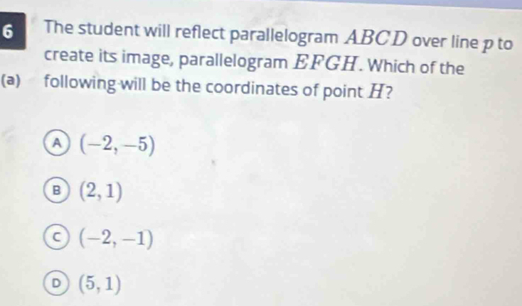 The student will reflect parallelogram ABCD over line p to
create its image, parallelogram EFGH. Which of the
(a) following will be the coordinates of point H?
A (-2,-5)
B (2,1)
C (-2,-1)
D (5,1)