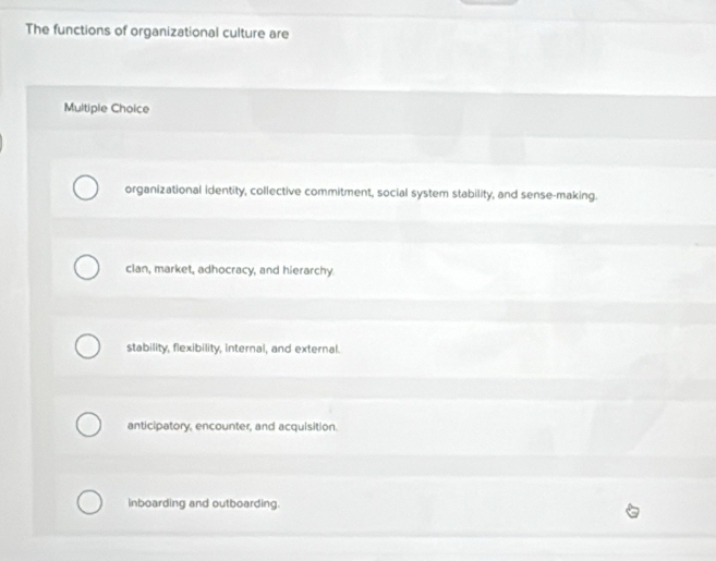 The functions of organizational culture are
Multiple Choice
organizational identity, collective commitment, social system stability, and sense-making.
clan, market, adhocracy, and hierarchy.
stability, flexibility, internal, and external.
anticipatory, encounter, and acquisition.
inboarding and outboarding.