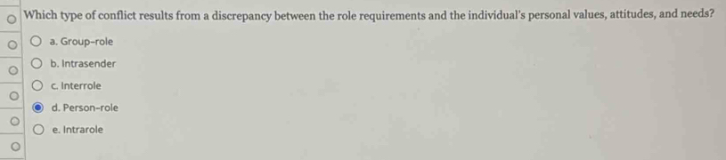 Which type of conflict results from a discrepancy between the role requirements and the individual’s personal values, attitudes, and needs?
a. Group-role
b. Intrasender
c. Interrole
d. Person-role
e. Intrarole