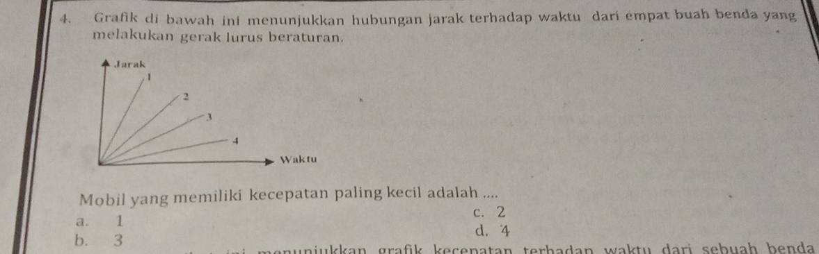 Grafik di bawah ini menunjukkan hubungan jarak terhadap waktu dari émpat buah benda yang
melakukan gerak lurus beraturan.
Mobil yang memiliki kecepatan paling kecil adalah ....
a. 1
c. 2
d. 4
b. 3
aunjukkan grafik keçenatan terhadan waktu dari sebuah benda