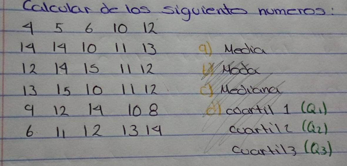 Calcular de ios siquients numeros:
4 5 6 10 12
19 14 10 1113 q Media
12 1 15 11 12 WNoda
13 15 10 1112 "Mediana
9 12 14 108 coartil I(Q_1)
6 11 12 13 19 coartill (Q_2)
coartil3 (Q_3)