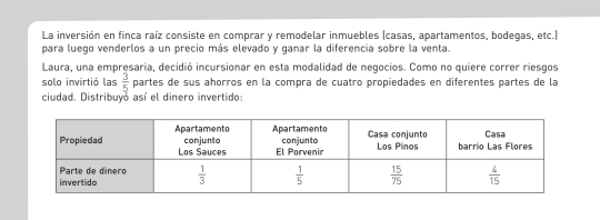 La inversión en finca raíz consiste en comprar y remodelar inmuebles (casas, apartamentos, bodegas, etc.)
para luego venderlos a un precio más elevado y ganar la diferencia sobre la venta.
Laura, una empresaria, decidió incursionar en esta modalidad de negocios. Como no quiere correr riesgos
solo invirtió las  3/5  partes de sus añorros en la compra de cuatro propiedades en diferentes partes de la
ciudad. Distribuyó así el dinero invertido: